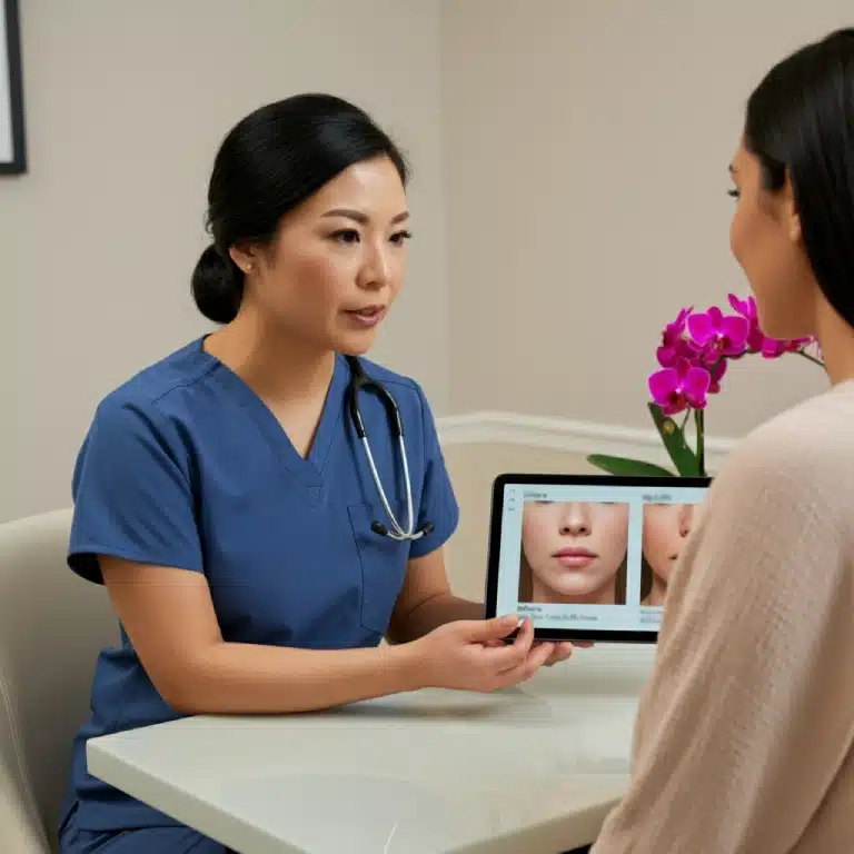 Consultation with patient prior to Honolulu lip lifting procedure. Clinician discusses the different types of lip lifts, the cost of cosmetic lip surgery, and what recovery looks like.