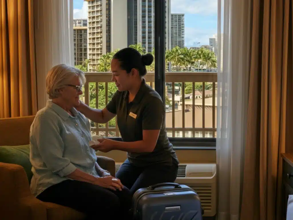 Following facial plastic surgery, Maui patient is assisted by their Hawaii travel companion during recovery. Guidance on traveling to Oahu for surgical procedures.