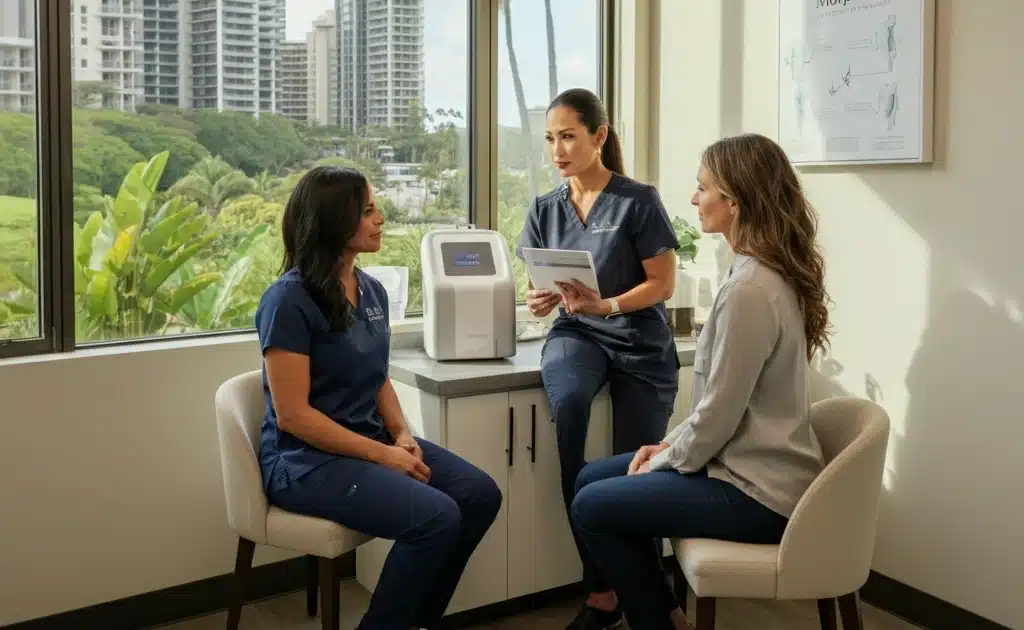 Prior to cosmetic skin tightening treatment with Morpheus8, Honolulu clinicians consult with a patient. Oahu cosmetic and beauty clinic, Hawaii Facial Plastic Surgery.