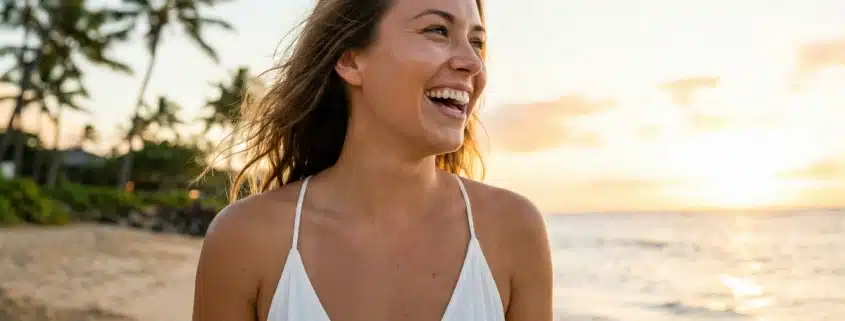 A smiling woman with glowing, youthful skin on a sunny Hawaii beach, representing the natural results of facial rejuvenation at Hawaii Facial Plastic Surgery.
