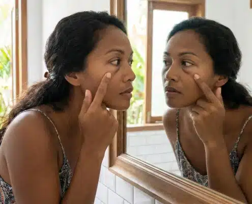 Honolulu resident with puffy eyes in Hawaii looks at her reflection in the mirror.