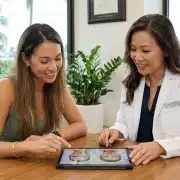 Female facial plastic surgeon and patient in Honolulu discussing facial anatomy on a tablet during a collaborative medical consultation for natural-looking results.