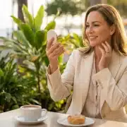 lunchbreak-skin-tightening A woman admiring her refreshed skin in a mirror at an outdoor cafe, illustrating the "lunchtime procedure" benefits of Ultherapy PRIME with no downtime.