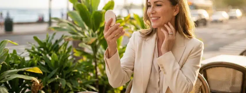 A woman admiring her refreshed skin in a mirror at an outdoor cafe, illustrating the "lunchtime procedure" benefits of Ultherapy PRIME with no downtime.