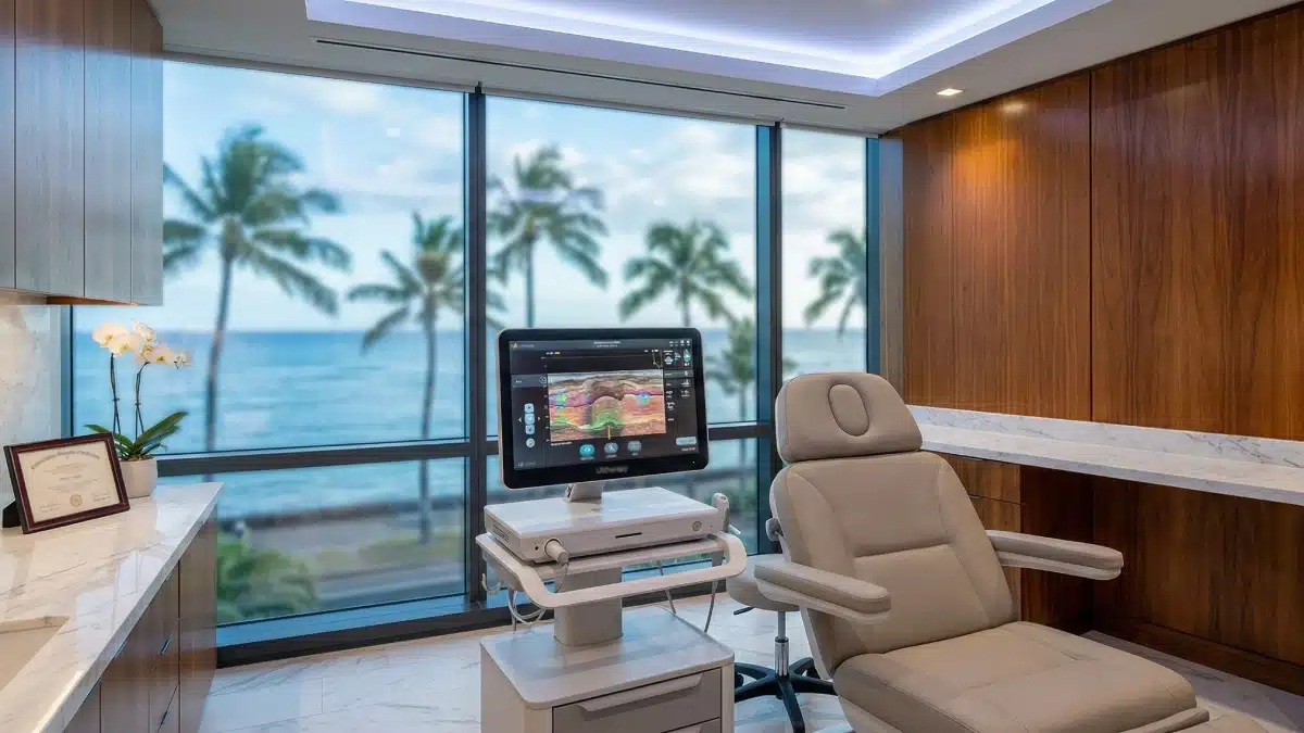 A modern treatment room at Hawaii Facial Plastic Surgery featuring a professional Ultherapy PRIME machine and medical chair with a scenic ocean and palm tree view.