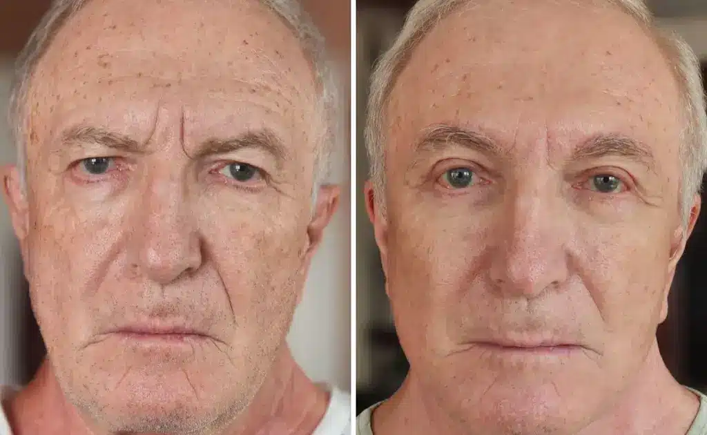 Male facelift before and after results, demonstrating smoothed wrinkles and natural facial rejuvenation for men at Hawaii Facial Plastic Surgery.